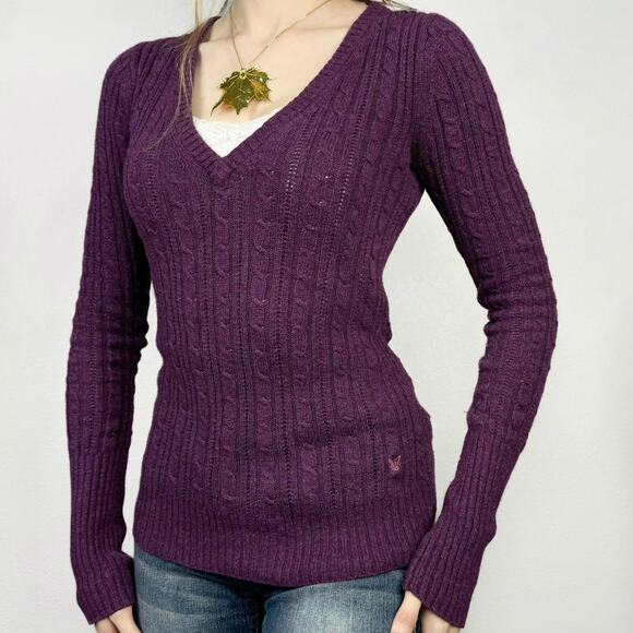 Y2K Cable Knit American Eagle Sweater V-Neck Purple Bella Elena Size Small - Picture 1 of 7